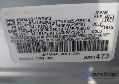 2011 Mitsubishi Outlander Sport Se из США, поврежденный, VIN JA4AP4AU6BZ011294